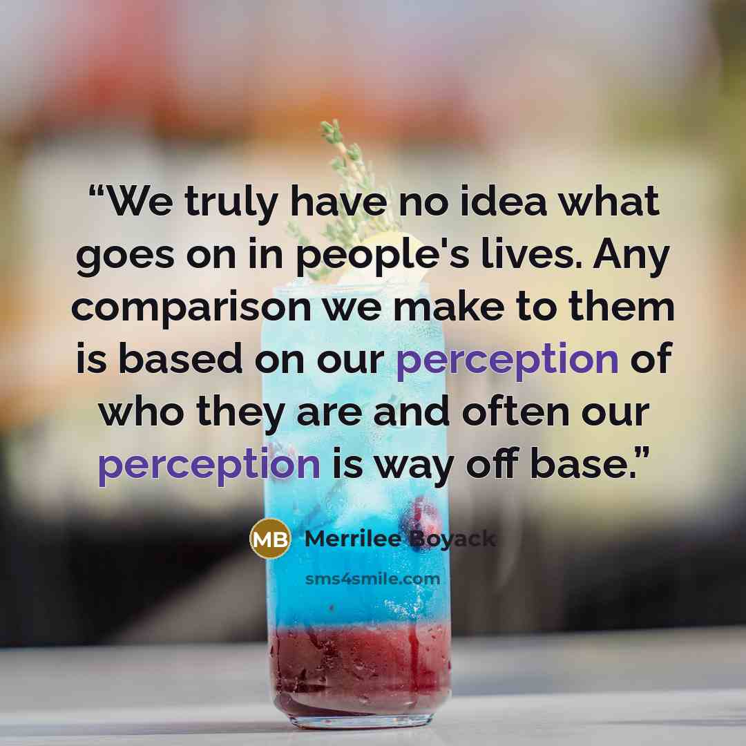 “We truly have no idea what goes on in people's lives. Any comparison we make to them is based on our perception of who they are and often our perception is way off base.” quote by Merrilee Boyack