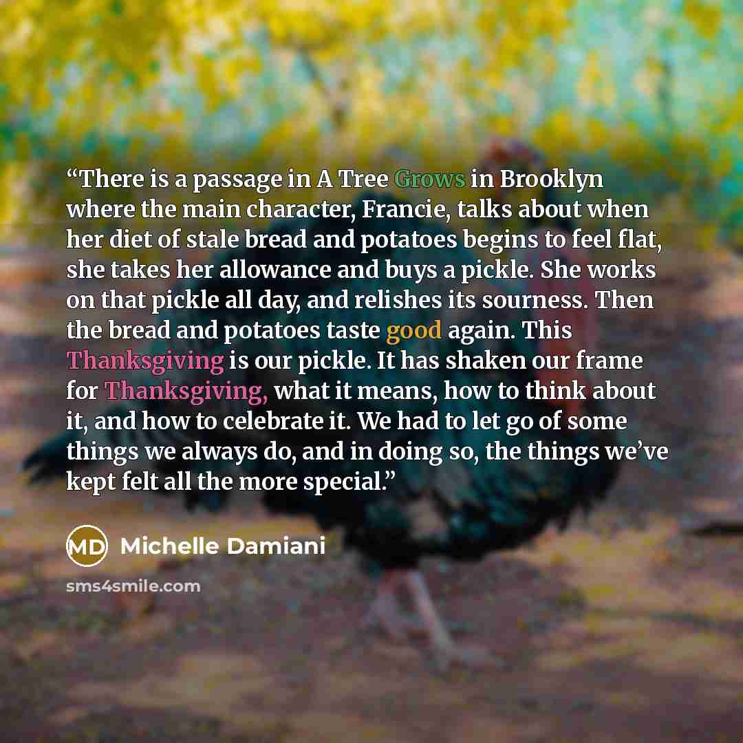 “There is a passage in A Tree Grows in Brooklyn where the main character, Francie, talks about when her diet of stale bread and potatoes begins to feel flat, she takes her allowance and buys a pickle. She works on that pickle all day, and relishes its sourness. Then the bread and potatoes taste…” quote by Michelle Damiani