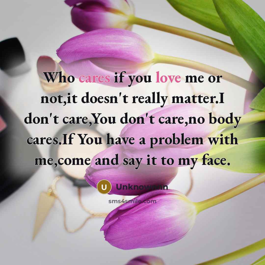 “Who cares if you love me or not,it doesn't really matter.I don't care,You don't care,no body cares.If You have a problem with me,come and say it to my face.” quote by Unknownnn