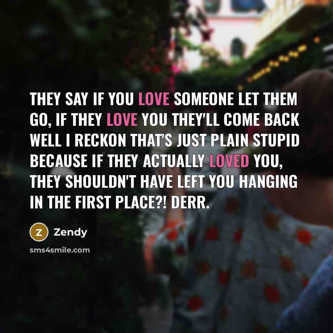 “They say If you love someone let them go, if they love you they'll come back Well I reckon that's just plain stupid because if they actually loved you, they shouldn't have left you hanging in the first place?! derr.” quote by Zendy