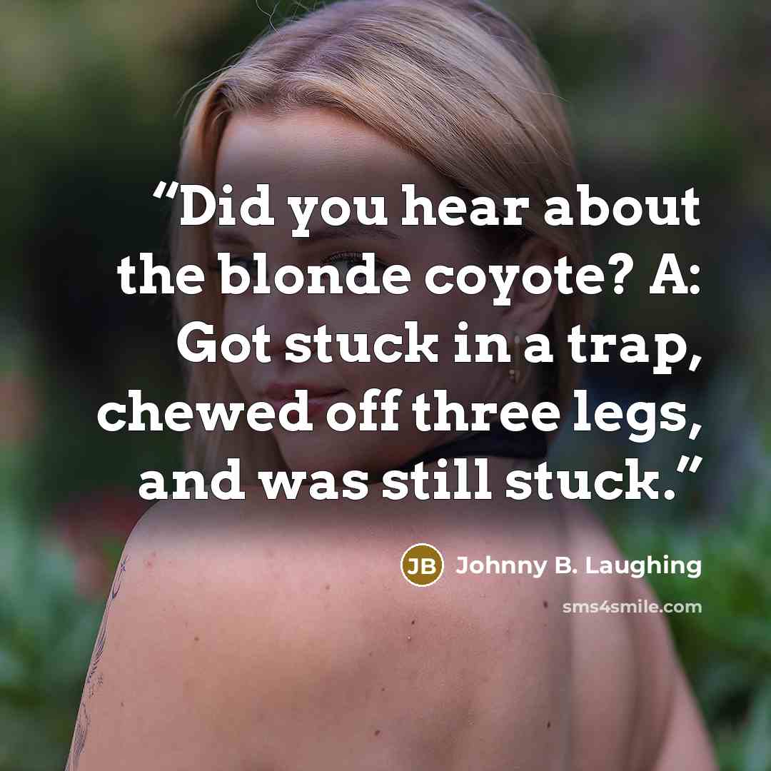 “Did you hear about the blonde coyote? A: Got stuck in a trap, chewed off three legs, and was still stuck.” quote by Johnny B. Laughing