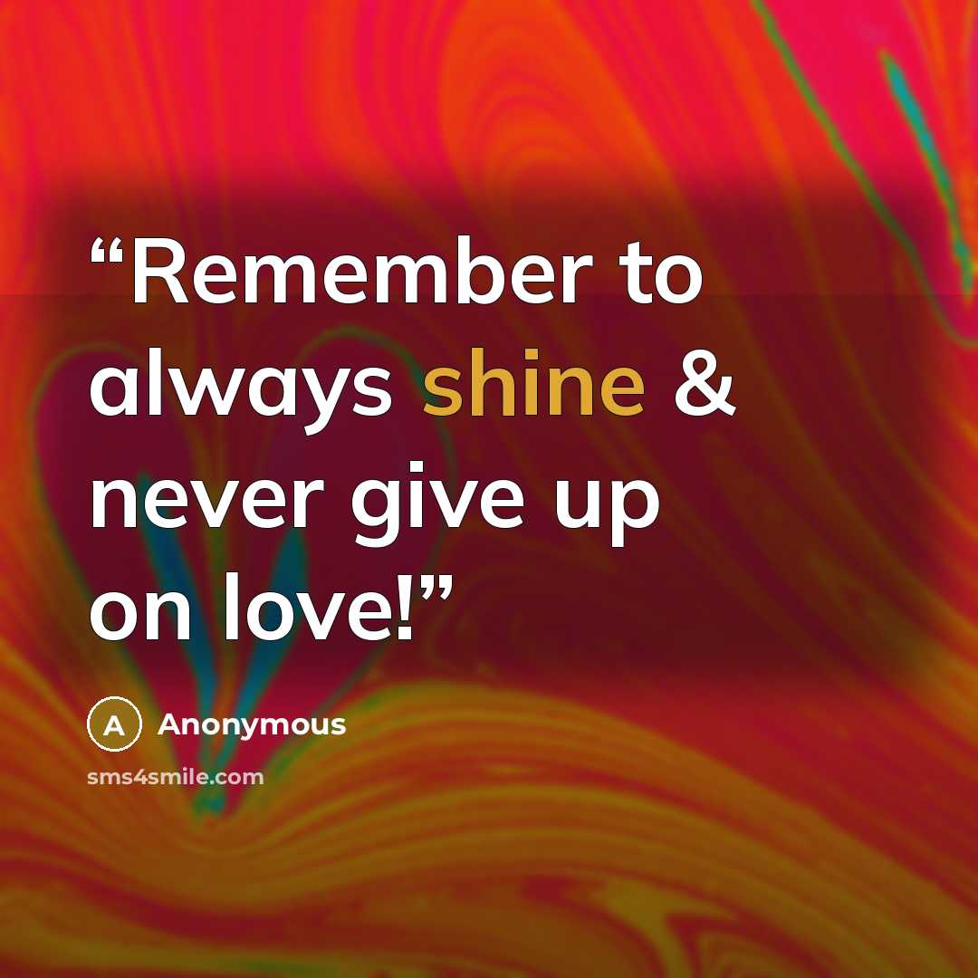 “Remember to always shine & never give up on love!” quote by Anonymous