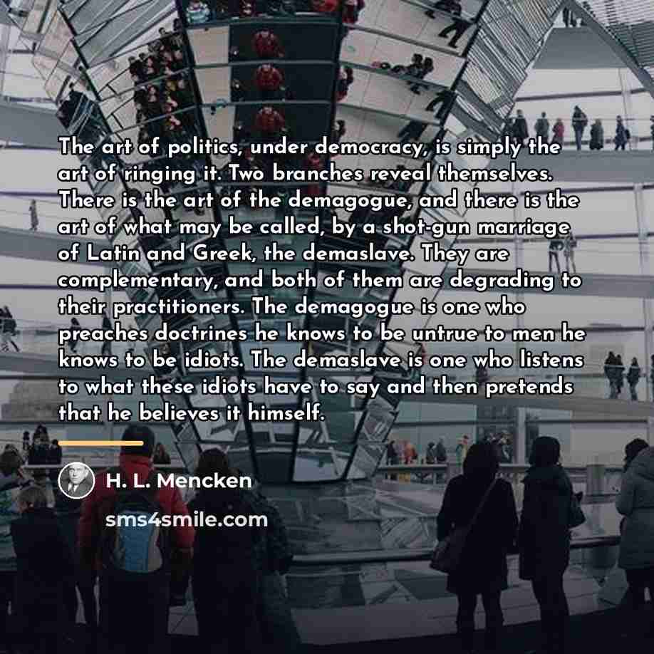 “The art of politics, under democracy, is simply the art…” quote by H. L. Mencken
