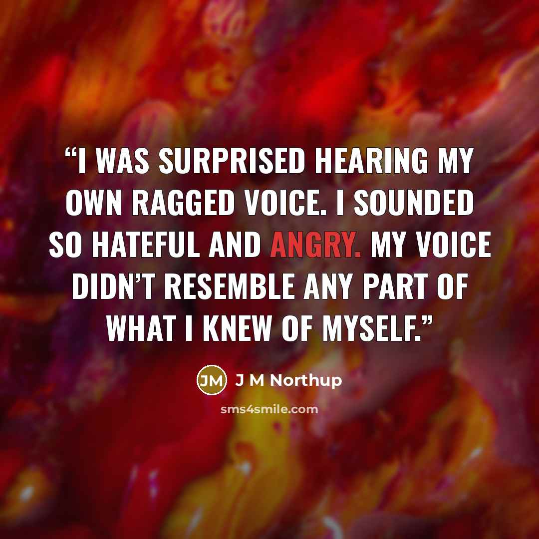 “I was surprised hearing my own ragged voice. I sounded so hateful and angry. My voice didn’t resemble any part of what I knew of myself.” quote by J M Northup
