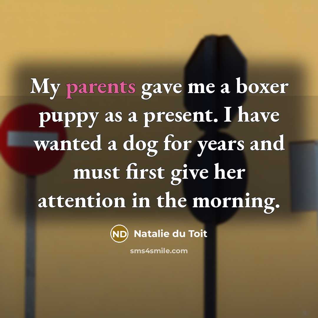 “My parents gave me a boxer puppy as a present. I have wanted a dog for years and must first give her attention in the morning.” quote by Natalie du Toit