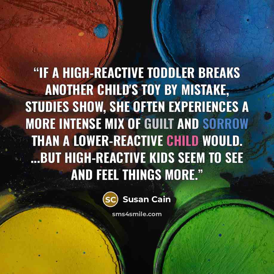“If a high-reactive toddler breaks another child's toy by mistake, studies show, she often experiences a more intense mix of guilt and sorrow than a lower-reactive child would. ...but high-reactive kids seem to see and feel things more.” quote by Susan Cain