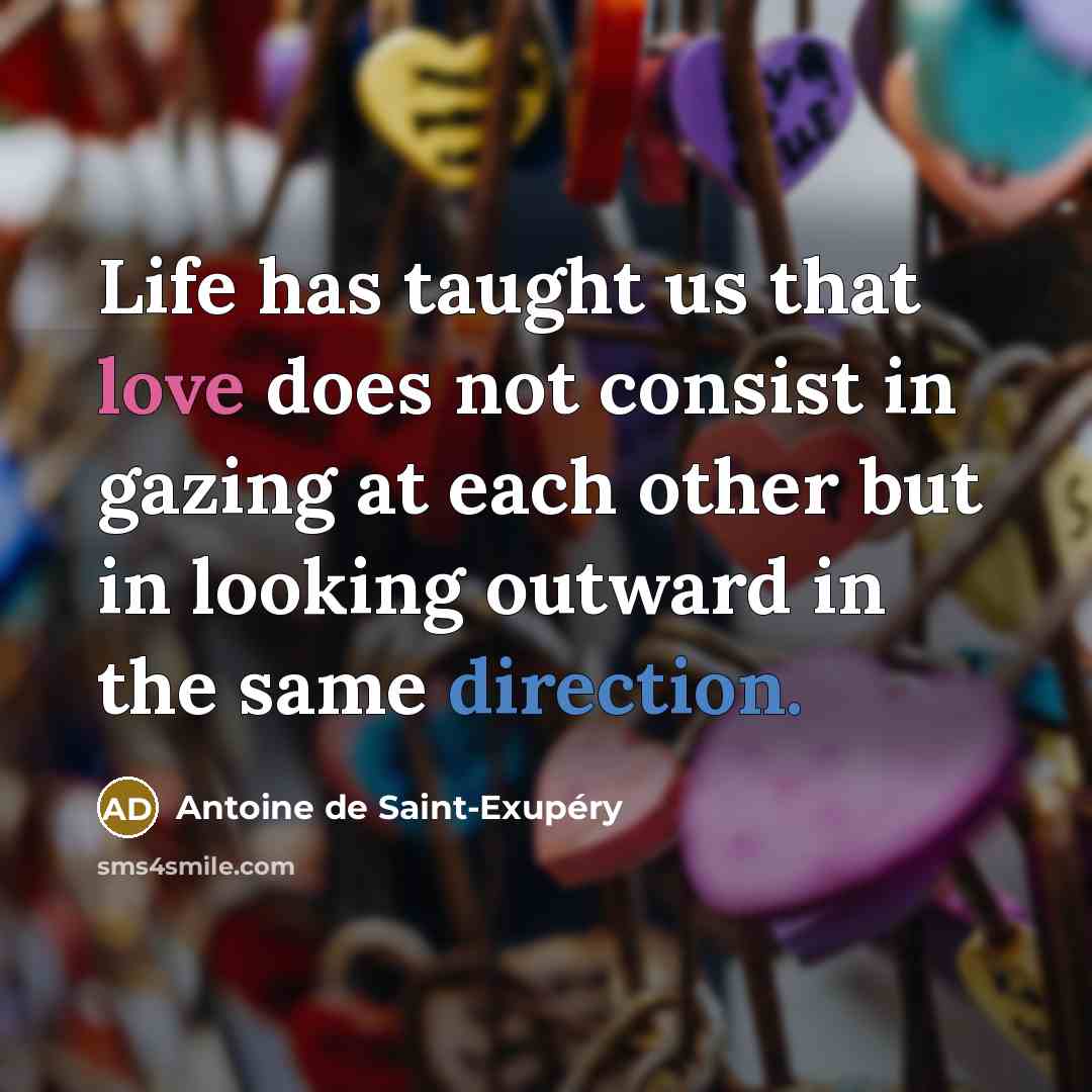 “Life has taught us that love does not consist in gazing at each other but in looking outward in the same direction.” quote by Antoine De Saint-Exupery