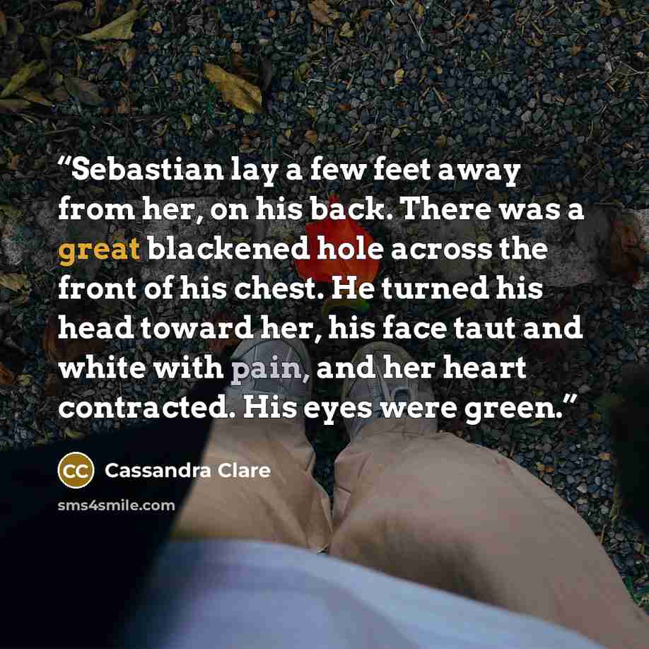 “Sebastian lay a few feet away from her, on his back. There was a great blackened hole across the front of his chest. He turned his head toward her, his face taut and white with pain, and her heart contracted. His eyes were green.” quote by Cassandra Clare