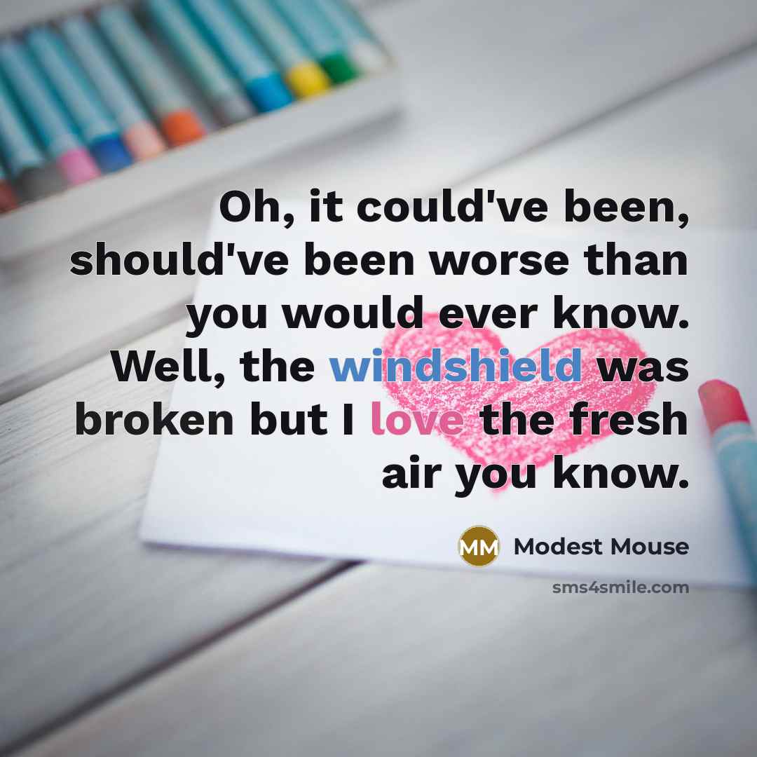“Oh, it could've been, should've been worse than you would ever know. Well, the windshield was broken but I love the fresh air you know.” quote by Modest Mouse