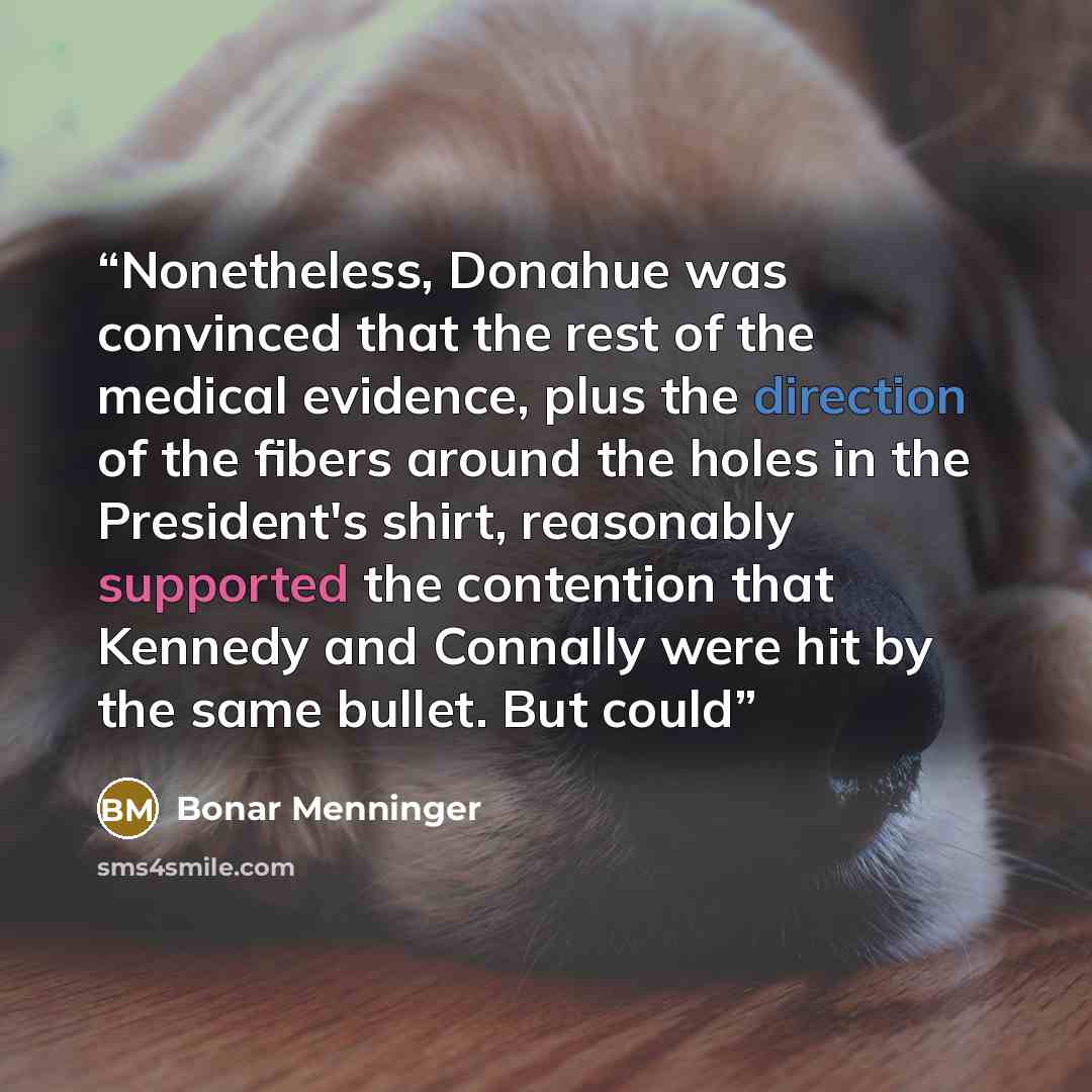 “Nonetheless, Donahue was convinced that the rest of the medical evidence, plus the direction of the fibers around the holes in the President's shirt, reasonably supported the contention that Kennedy and Connally were hit by the same bullet. But could” quote by Bonar Menninger