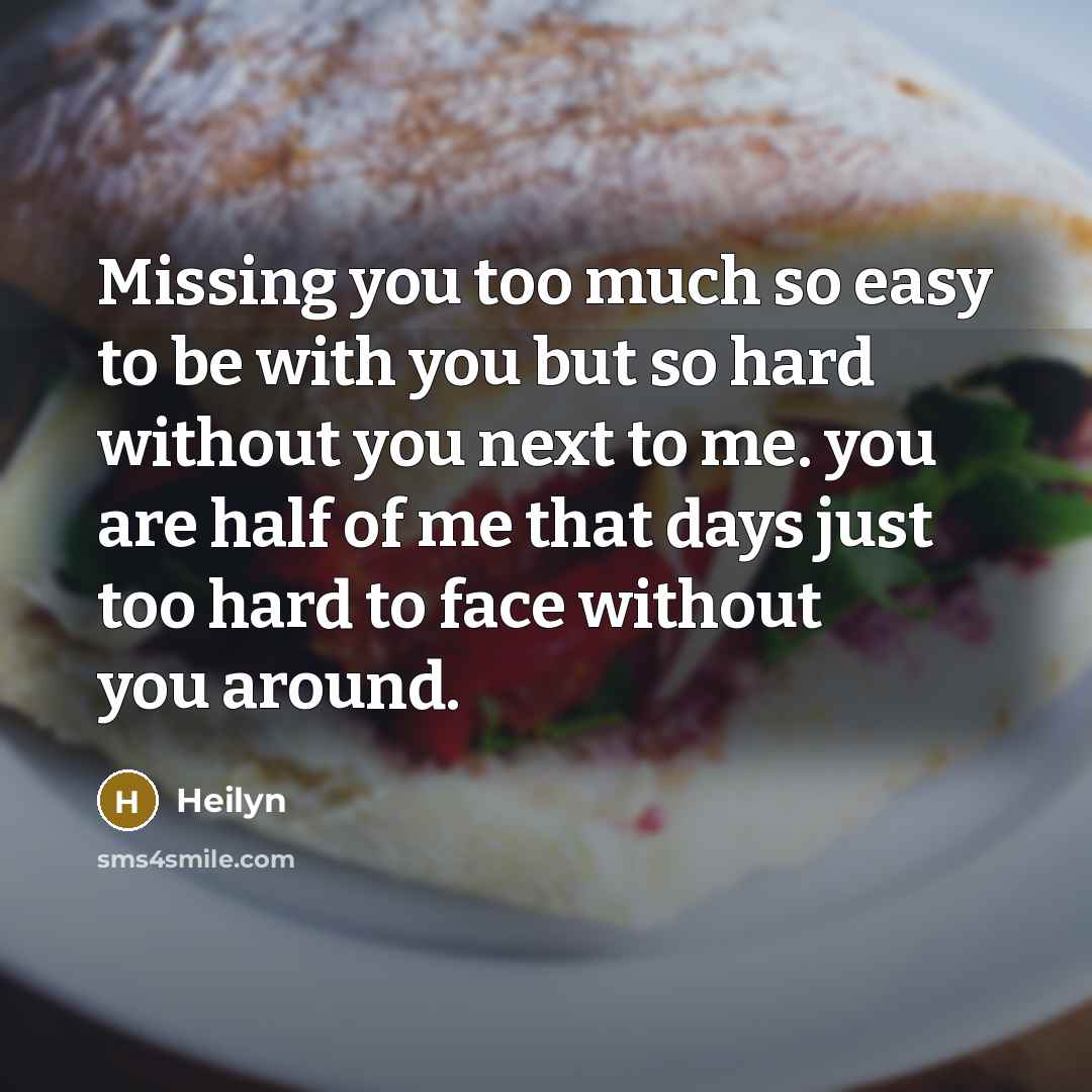 “Missing you too much so easy to be with you but so hard without you next to me. you are half of me that days just too hard to face without you around.” quote by Heilyn
