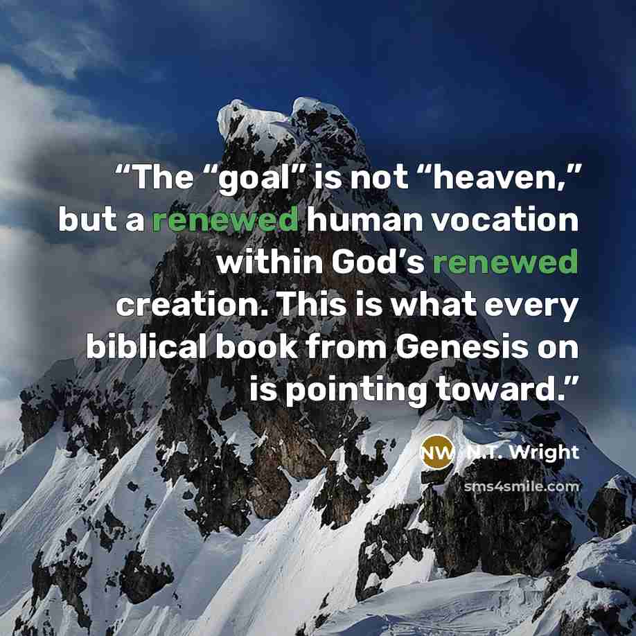 “The “goal” is not “heaven,” but a renewed human vocation within God’s renewed creation. This is what every biblical book from Genesis on is pointing toward.” quote by N.T. Wright