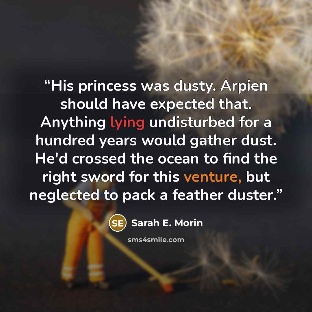 “His princess was dusty. Arpien should have expected that. Anything lying undisturbed for a hundred years would gather dust. He'd crossed the ocean to find the right sword for this venture, but neglected to pack a feather duster.” quote by Sarah E. Morin