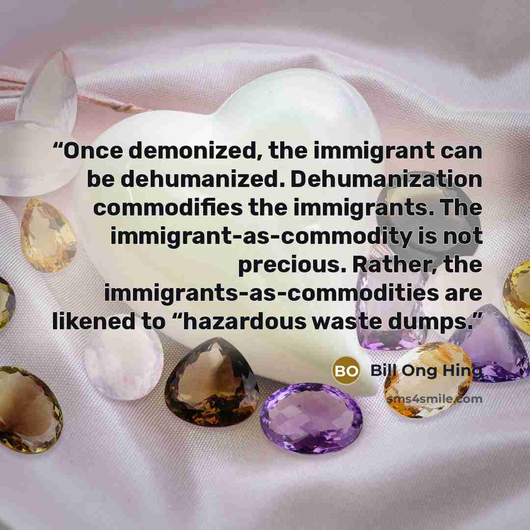 “Once demonized, the immigrant can be dehumanized. Dehumanization commodifies the immigrants. The immigrant-as-commodity is not precious. Rather, the immigrants-as-commodities are likened to “hazardous waste dumps.” quote by Bill Ong Hing
