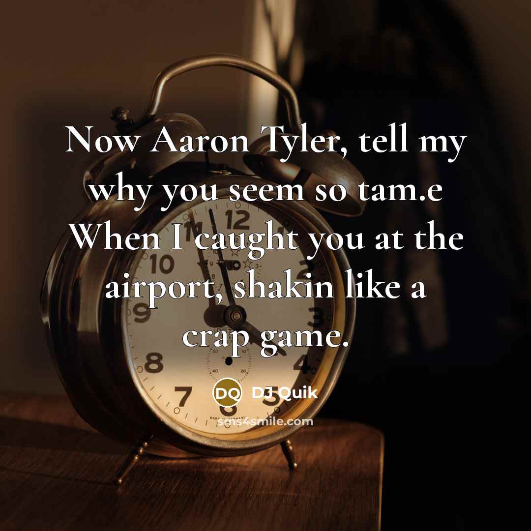 “Now Aaron Tyler, tell my why you seem so tam.e When I caught you at the airport, shakin like a crap game.” quote by DJ Quik