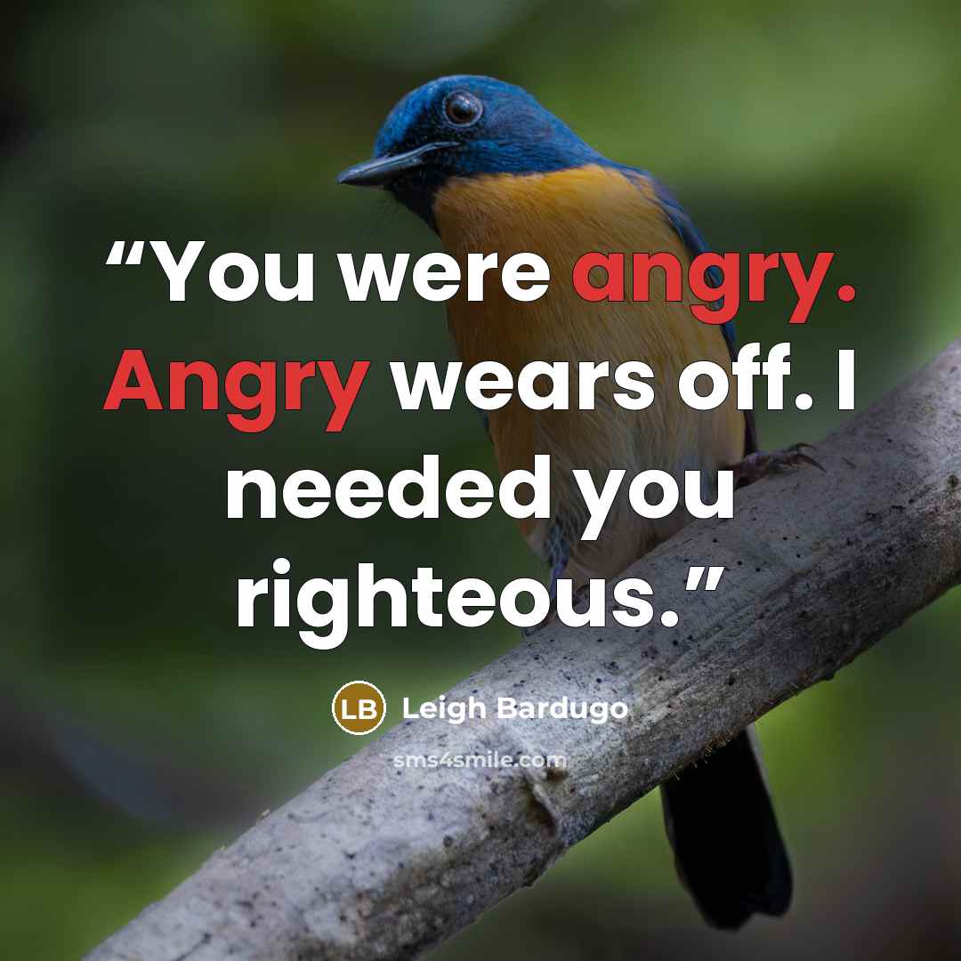 “You were angry. Angry wears off. I needed you righteous.” quote by Leigh Bardugo