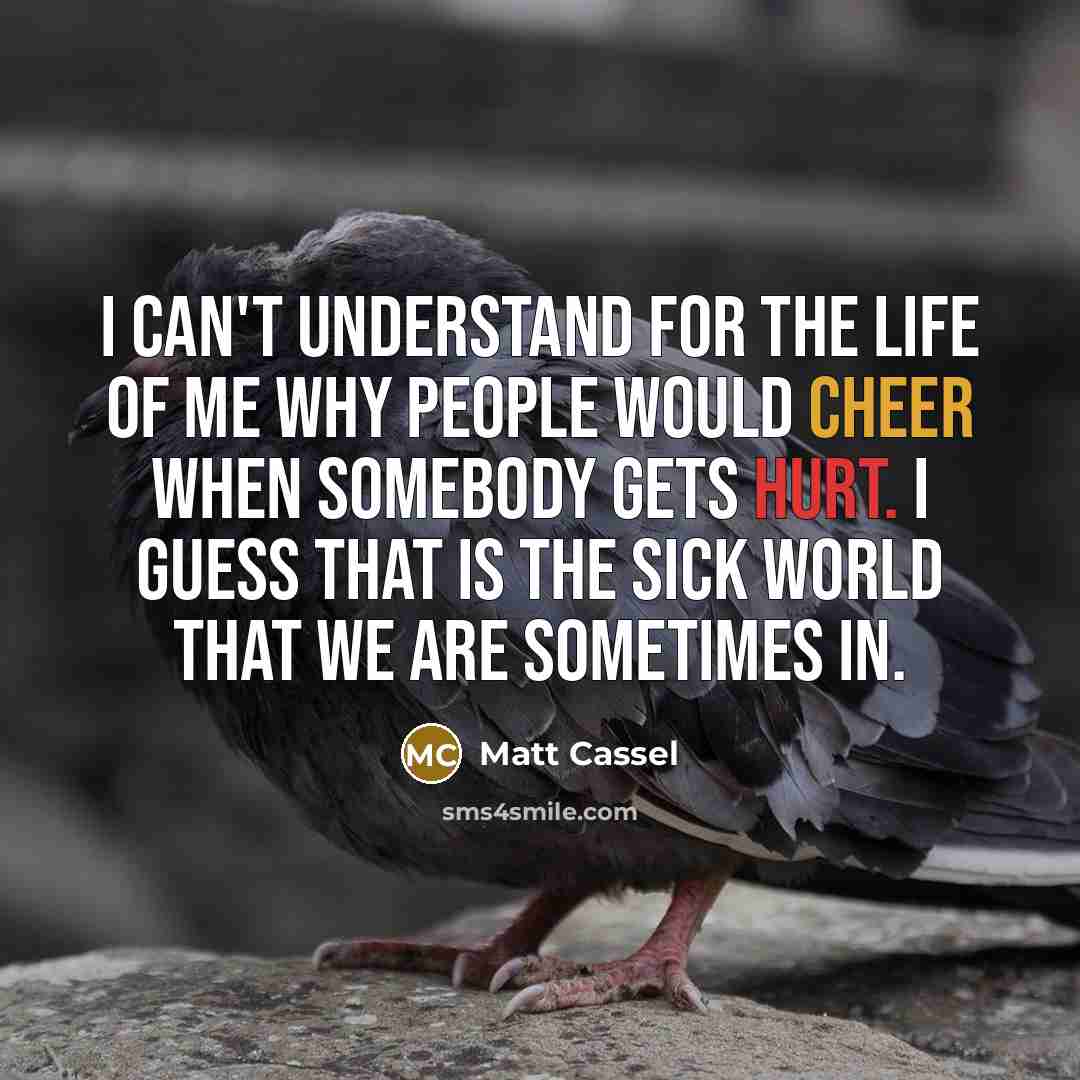 “I can't understand for the life of me why people would cheer when somebody gets hurt. I guess that is the sick world that we are sometimes in.” quote by Matt Cassel