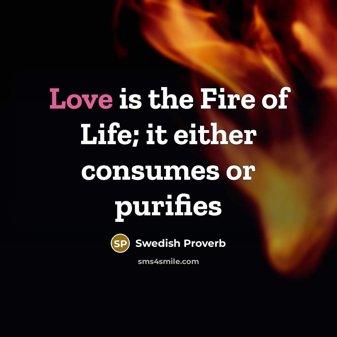 “Love is the Fire of Life; it either consumes or…” quote by Swedish Proverb