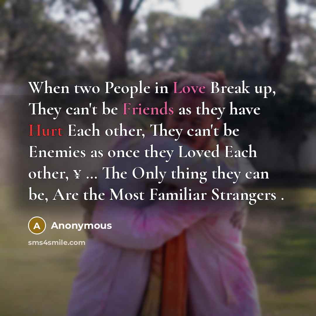“When two People in Love Break up, They can't be Friends as they have Hurt Each other, They can't be Enemies as once they Loved Each other, ¥ … The Only thing they can be, Are the Most Familiar Strangers .” quote by Anonymous