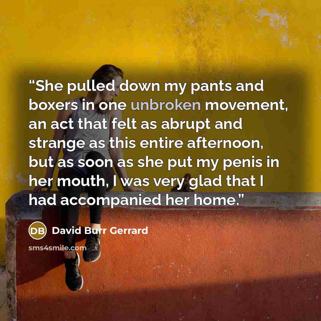 “She pulled down my pants and boxers in one unbroken movement, an act that felt as abrupt and strange as this entire afternoon, but as soon as she put my penis in her mouth, I was very glad that I had accompanied her home.” quote by David Burr Gerrard