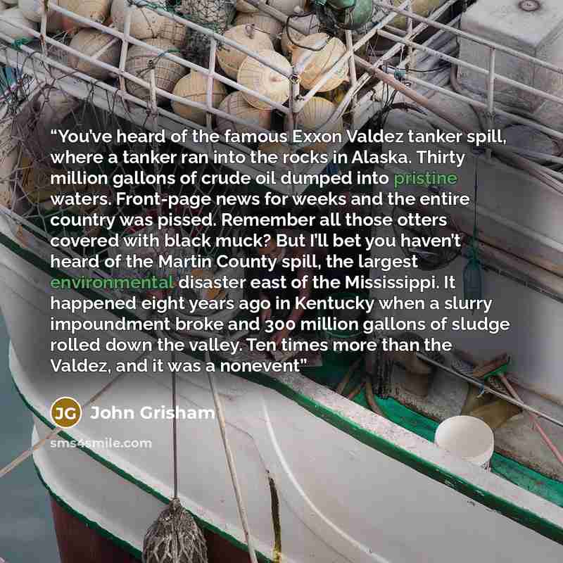 “You’ve heard of the famous Exxon Valdez tanker spill, where a tanker ran into the rocks in Alaska. Thirty million gallons of crude oil dumped into pristine waters. Front-page news for weeks and the entire country was pissed. Remember all those otters covered with black muck? But I’ll bet you…” quote by John Grisham