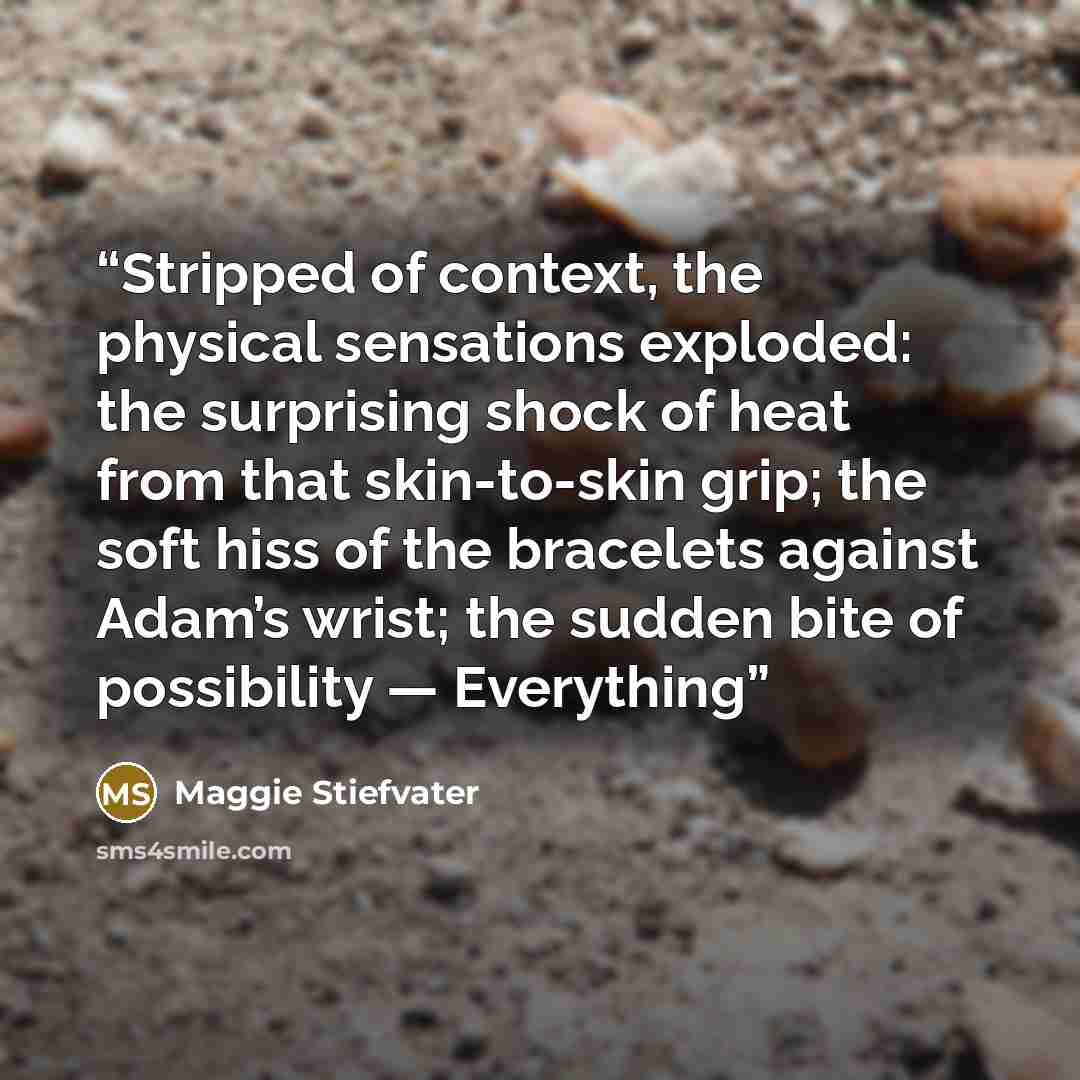 “Stripped of context, the physical sensations exploded: the surprising shock of heat from that skin-to-skin grip; the soft hiss of the bracelets against Adam’s wrist; the sudden bite of possibility — Everything” quote by Maggie Stiefvater