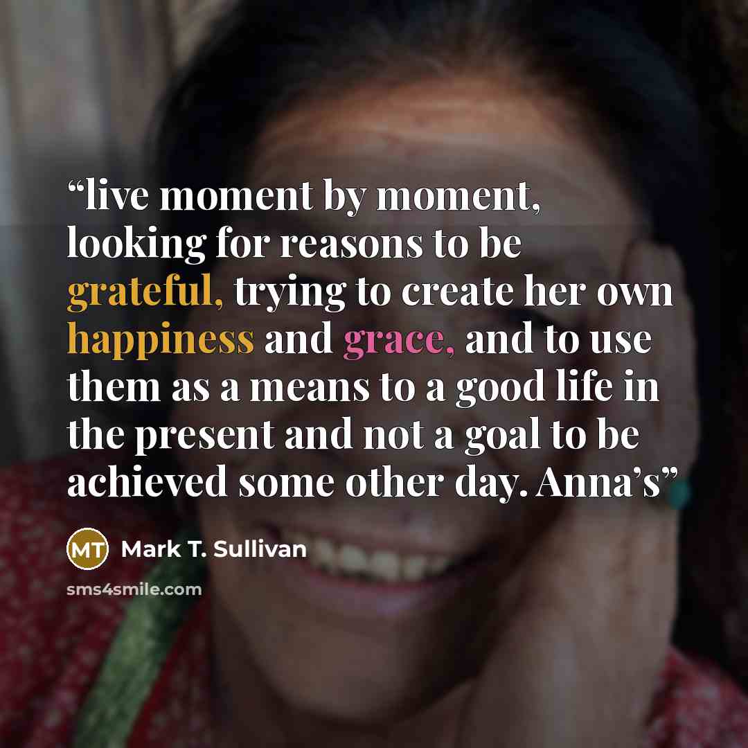 “live moment by moment, looking for reasons to be grateful, trying to create her own happiness and grace, and to use them as a means to a good life in the present and not a goal to be achieved some other day. Anna’s” quote by Mark T. Sullivan