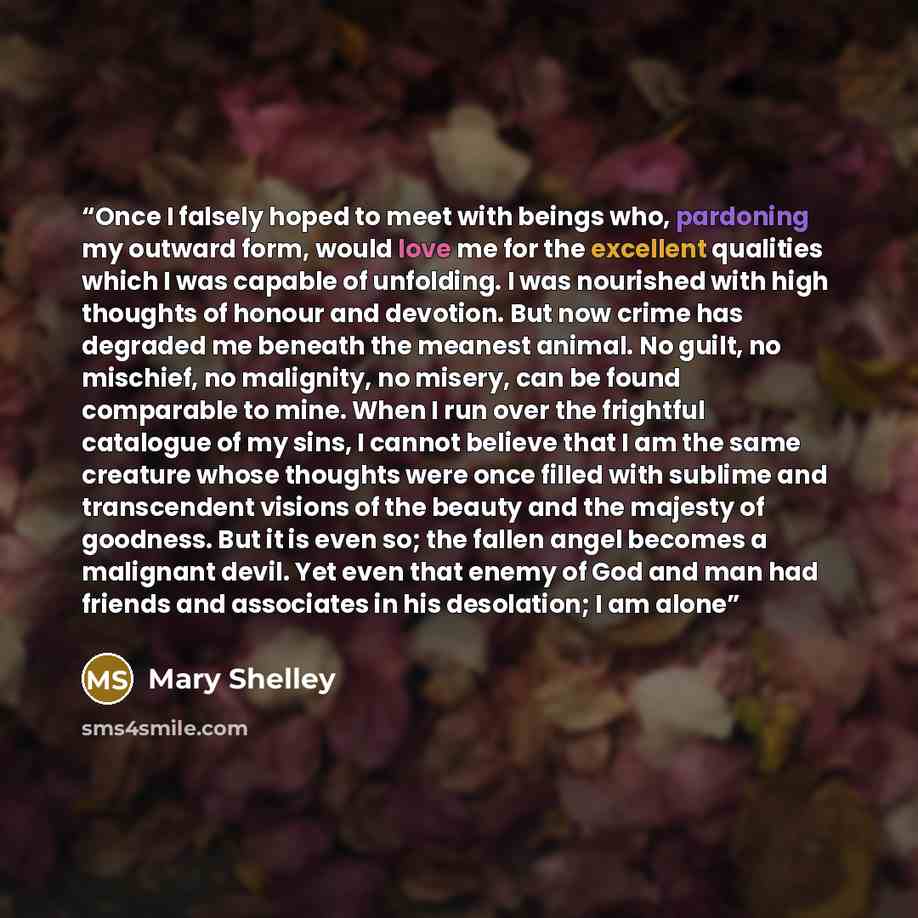 “Once I falsely hoped to meet with beings who, pardoning my outward form, would love me for the excellent qualities which I was capable of unfolding. I was nourished with high thoughts of honour and devotion. But now crime has degraded me beneath the meanest animal. No guilt, no mischief, no…” quote by Mary Shelley