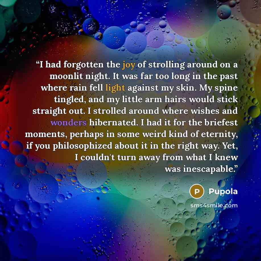 “I had forgotten the joy of strolling around on a moonlit night. It was far too long in the past where rain fell light against my skin. My spine tingled, and my little arm hairs would stick straight out. I strolled around where wishes and wonders hibernated. I had it for the briefest moments…” quote by Pupola