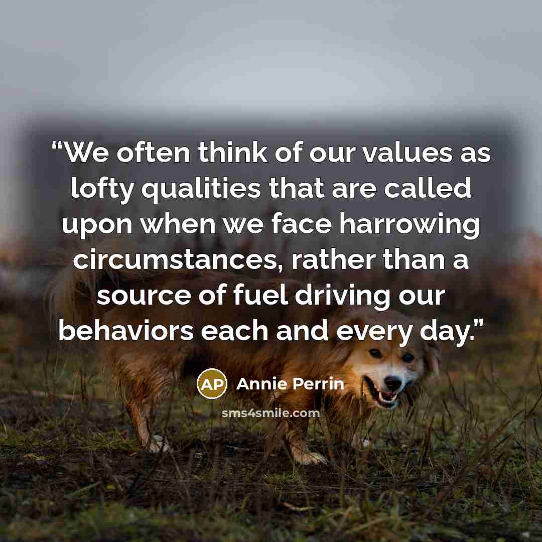 “We often think of our values as lofty qualities that are called upon when we face harrowing circumstances, rather than a source of fuel driving our behaviors each and every day.” quote by Annie Perrin