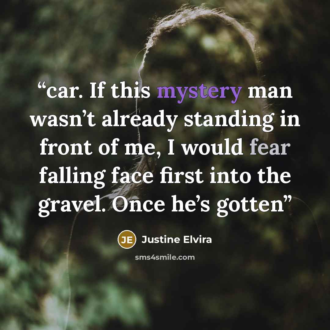 “car. If this mystery man wasn’t already standing in front of me, I would fear falling face first into the gravel. Once he’s gotten” quote by Justine Elvira