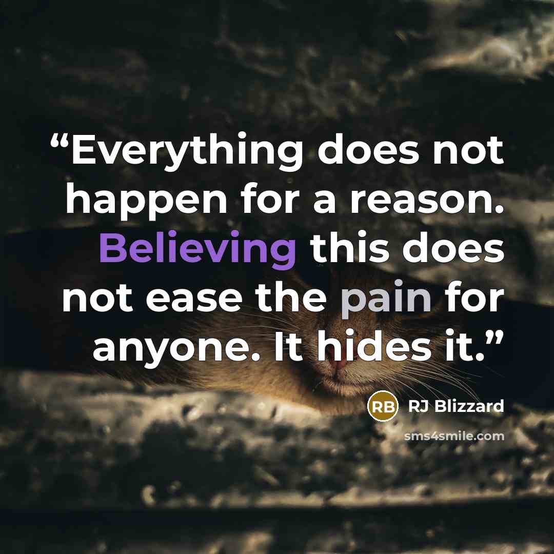 “Everything does not happen for a reason. Believing this does not ease the pain for anyone. It hides it.” quote by RJ Blizzard