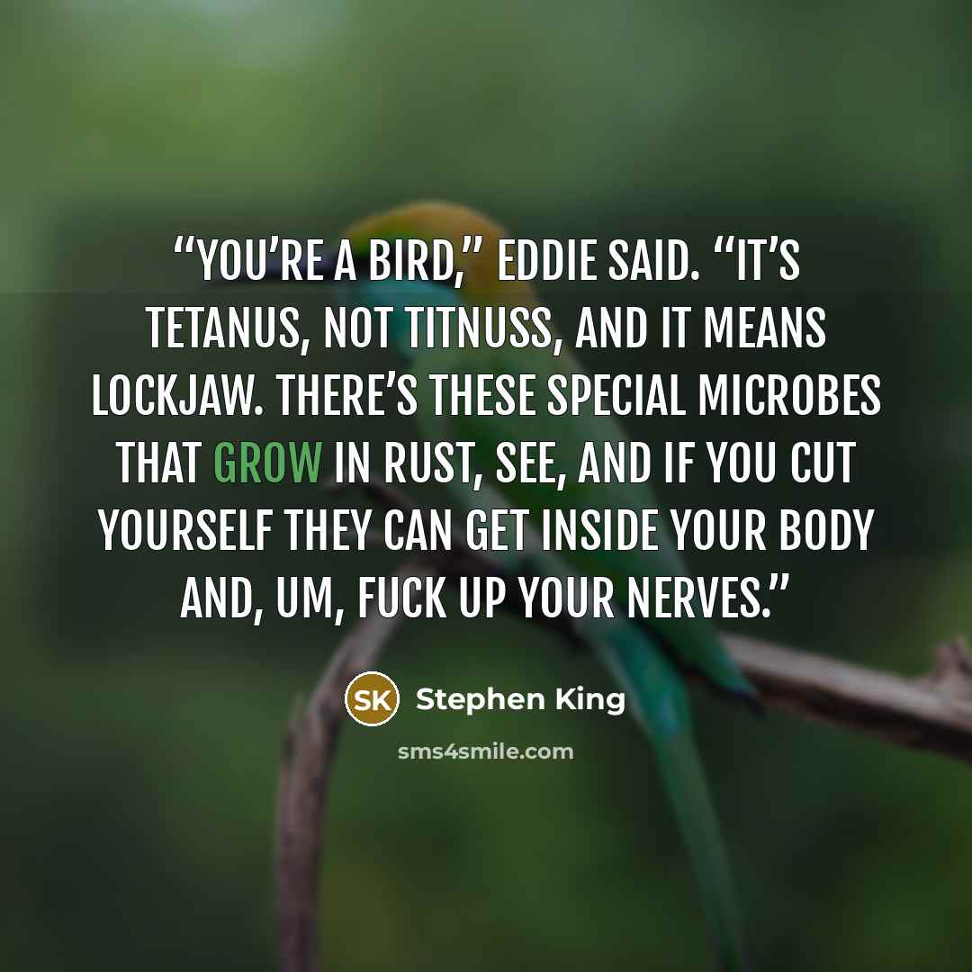 “You’re a bird,” Eddie said. “It’s tetanus, not titnuss, and it means lockjaw. There’s these special microbes that grow in rust, see, and if you cut yourself they can get inside your body and, um, fuck up your nerves.” quote by Stephen King