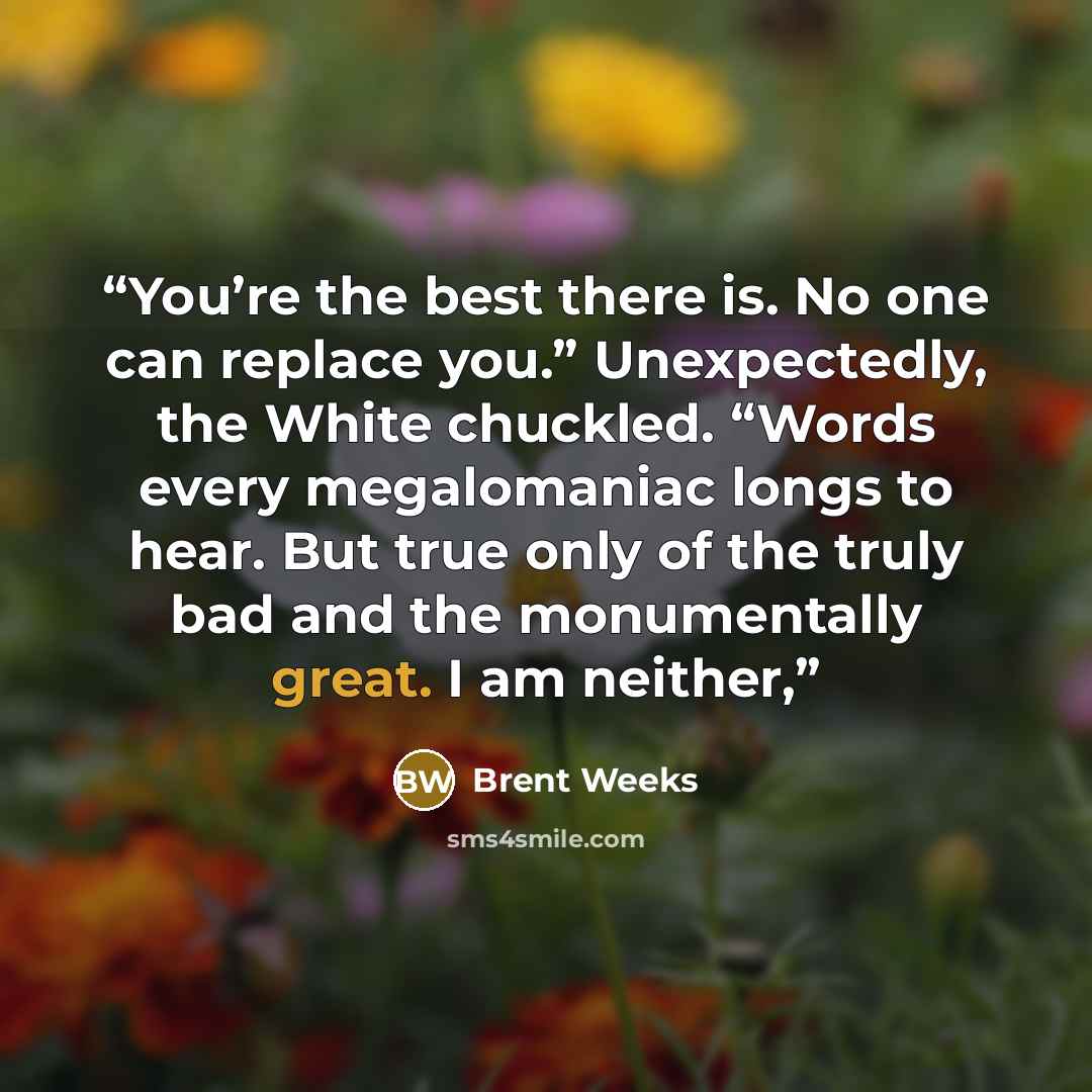 “You’re the best there is. No one can replace you.” Unexpectedly, the White chuckled. “Words every megalomaniac longs to hear. But true only of the truly bad and the monumentally great. I am neither,” quote by Brent Weeks