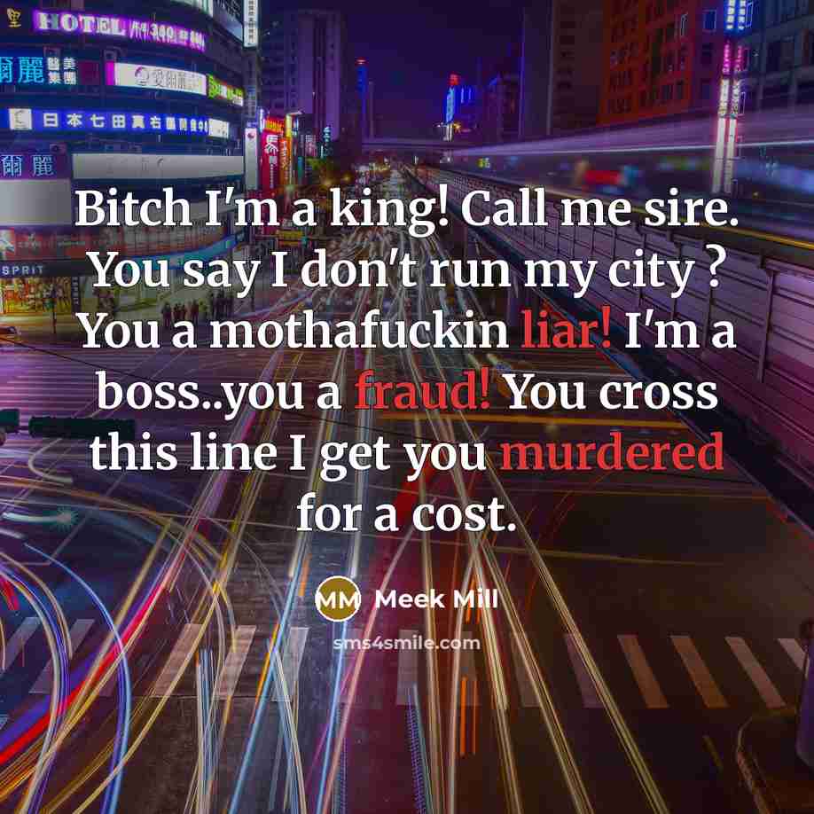 “Bitch I'm a king! Call me sire. You say I don't run my city ? You a mothafuckin liar! I'm a boss..you a fraud! You cross this line I get you murdered for a cost.” quote by Meek Mill