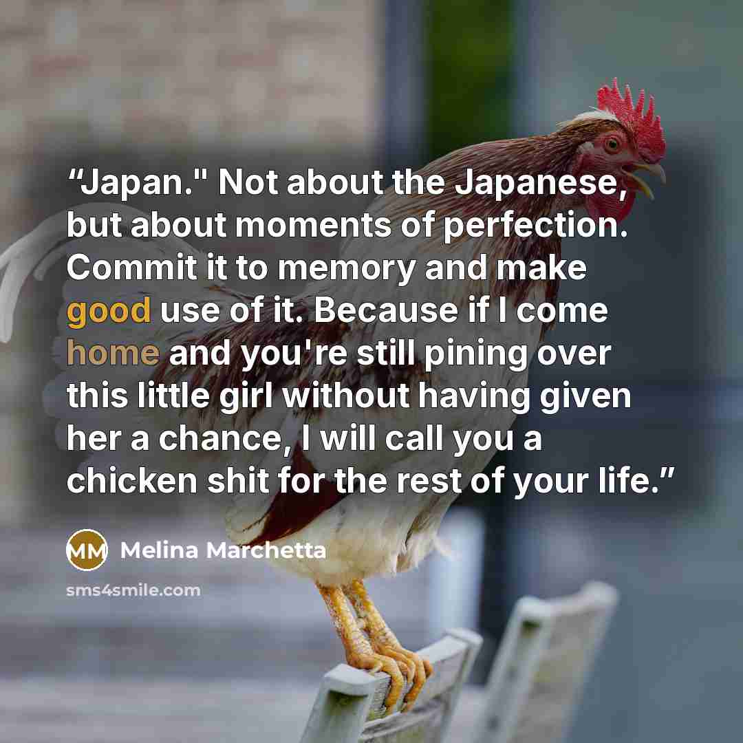 “Japan." Not about the Japanese, but about moments of perfection. Commit it to memory and make good use of it. Because if I come home and you're still pining over this little girl without having given her a chance, I will call you a chicken shit for the rest of your life.” quote by Melina Marchetta