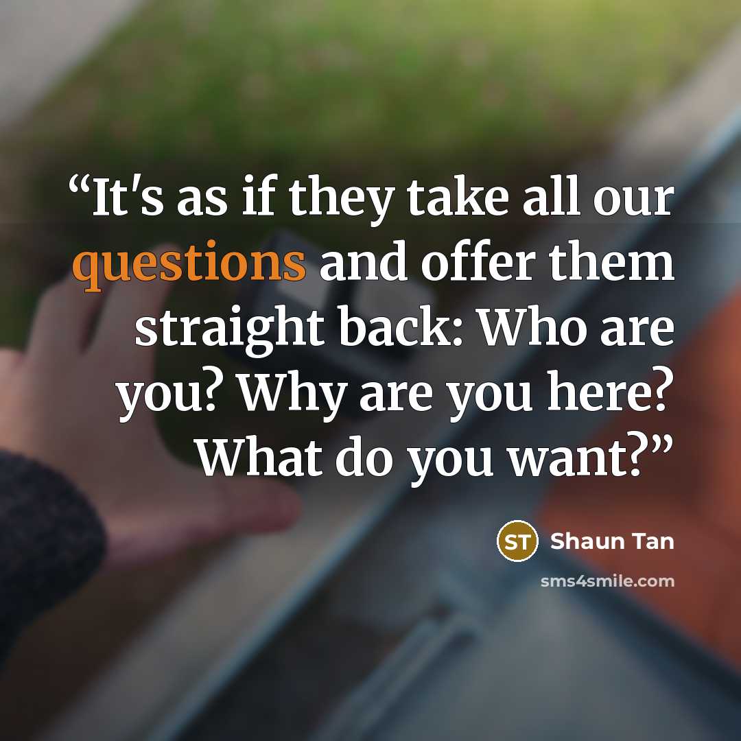 “It's as if they take all our questions and offer them straight back: Who are you? Why are you here? What do you want?” quote by Shaun Tan