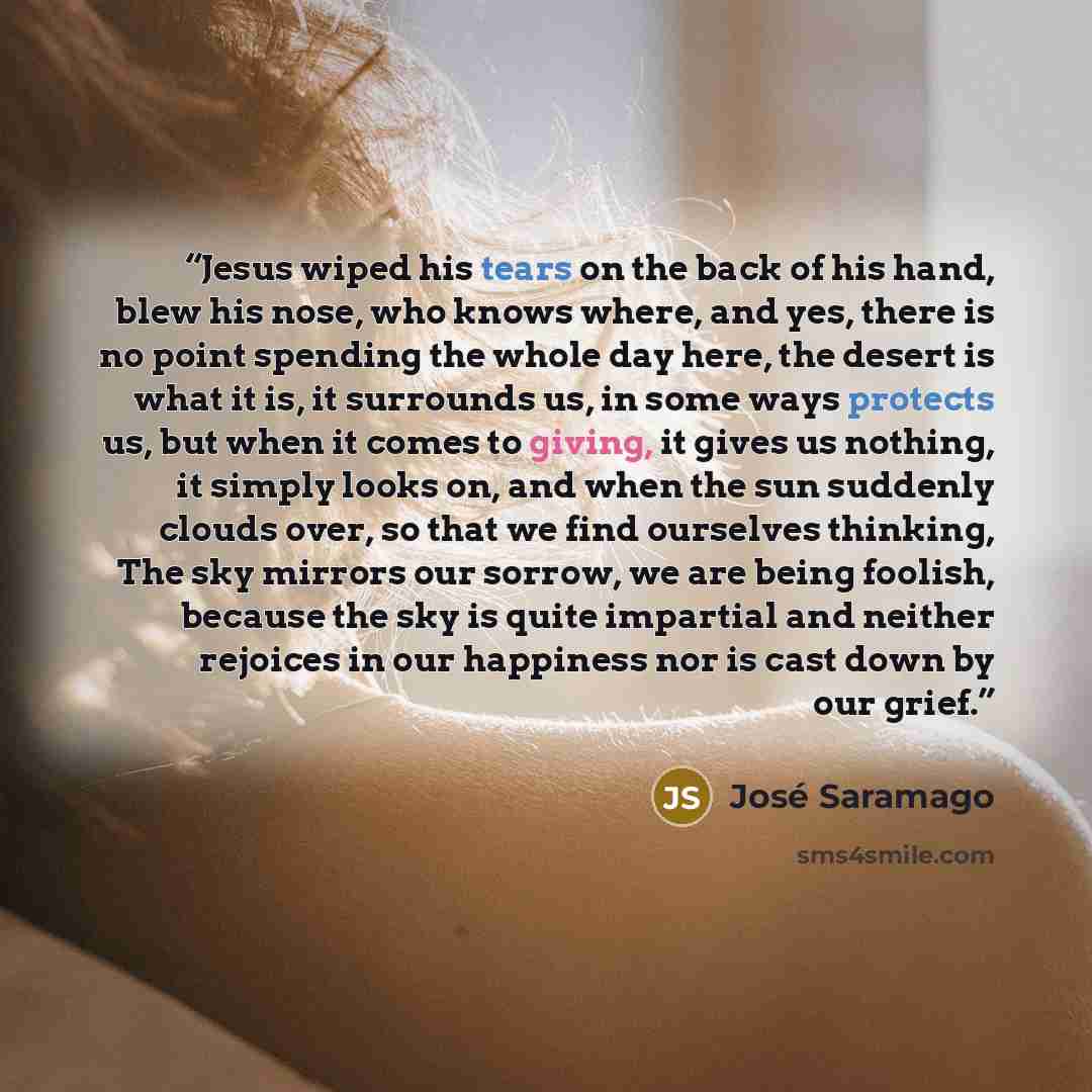 “Jesus wiped his tears on the back of his hand, blew his nose, who knows where, and yes, there is no point spending the whole day here, the desert is what it is, it surrounds us, in some ways protects us, but when it comes to giving, it gives us nothing, it simply looks on, and when the sun…” quote by José Saramago