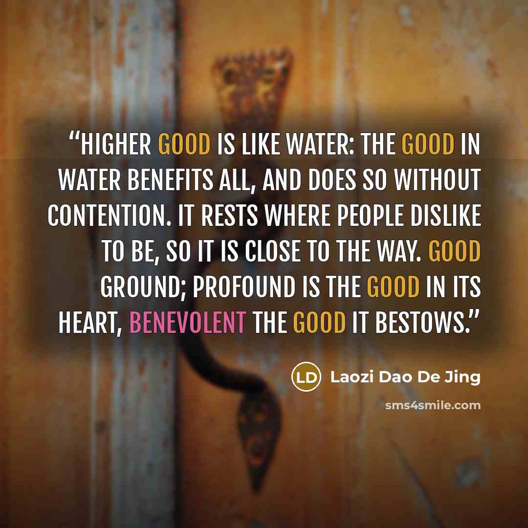 “Higher good is like water: the good in water benefits all, and does so without contention. It rests where people dislike to be, so it is close to the Way. Good ground; profound is the good in its heart, Benevolent the good it bestows.” quote by Laozi Dao De Jing