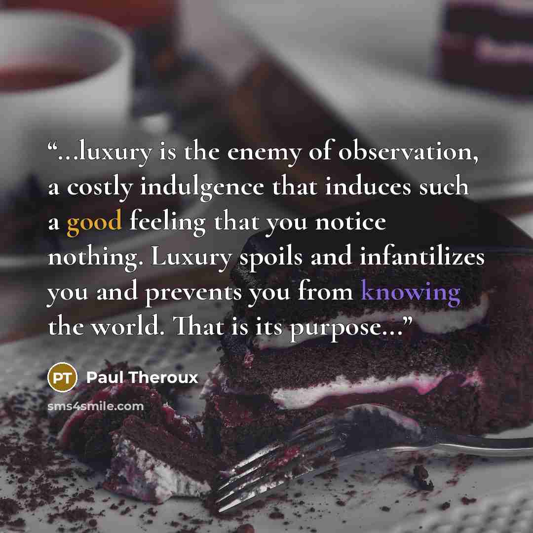 “...luxury is the enemy of observation, a costly indulgence that induces such a good feeling that you notice nothing. Luxury spoils and infantilizes you and prevents you from knowing the world. That is its purpose...” quote by Paul Theroux