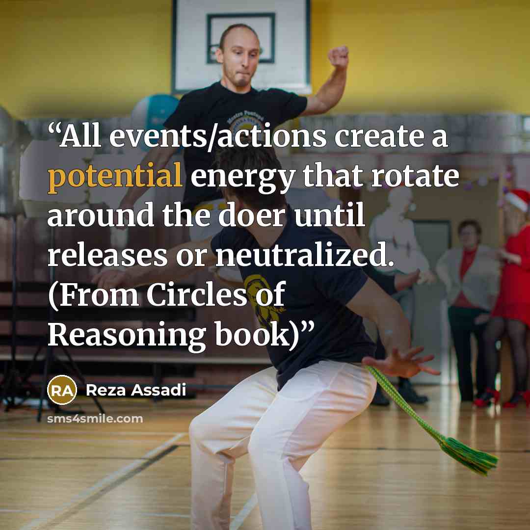 “All events/actions create a potential energy that rotate around the doer until releases or neutralized. (From Circles of Reasoning book)” quote by Reza Assadi
