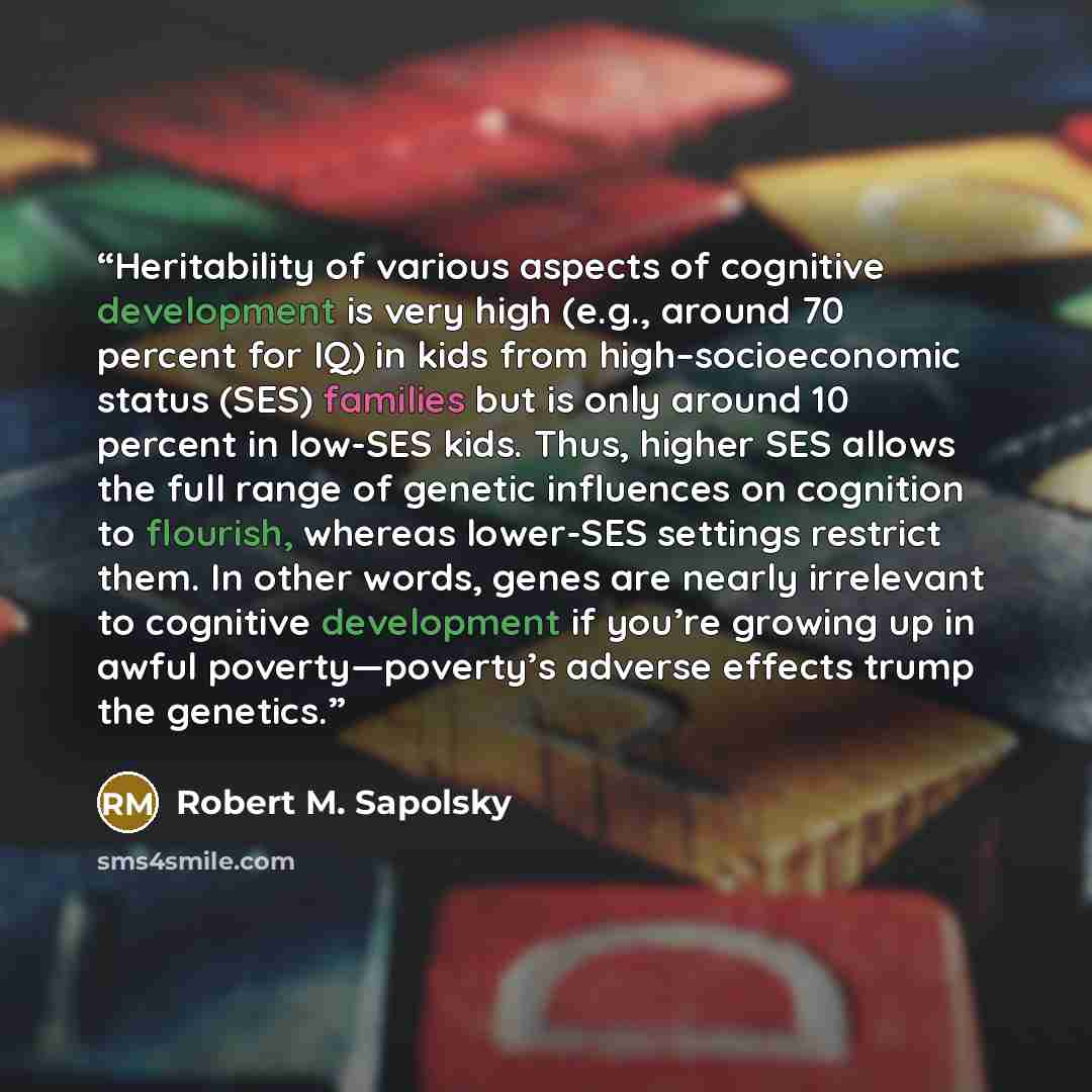 “Heritability of various aspects of cognitive development is very high (e.g., around 70 percent for IQ) in kids from high–socioeconomic status (SES) families but is only around 10 percent in low-SES kids. Thus, higher SES allows the full range of genetic influences on cognition to flourish, whereas…” quote by Robert M. Sapolsky