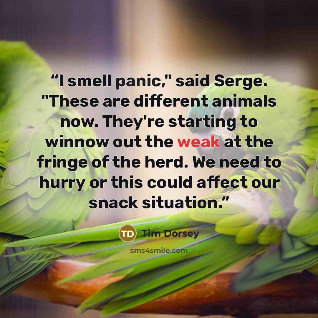 “I smell panic," said Serge. "These are different animals now. They're starting to winnow out the weak at the fringe of the herd. We need to hurry or this could affect our snack situation.” quote by Tim Dorsey