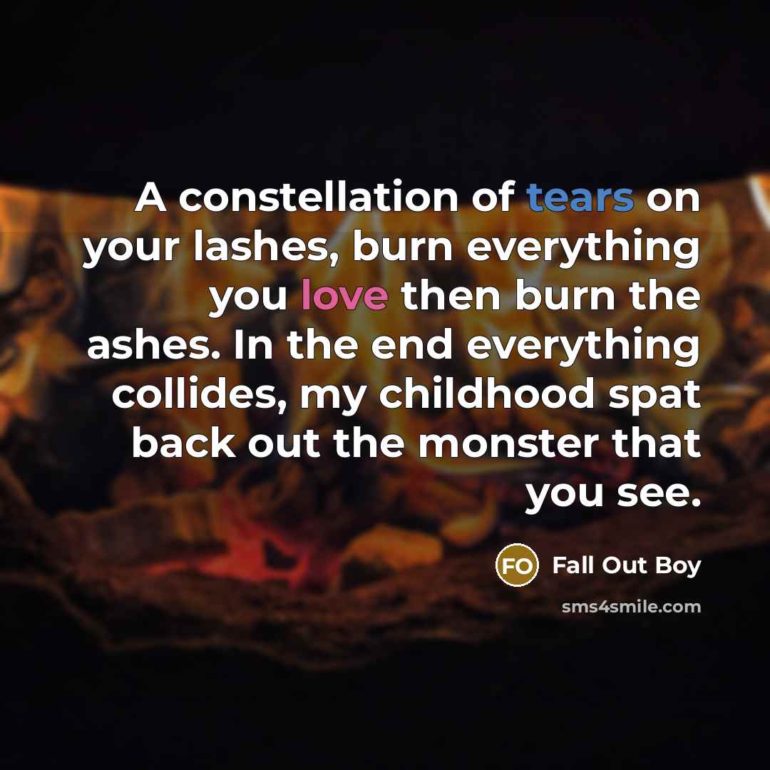 “A constellation of tears on your lashes, burn everything you…” quote by Fall Out Boy