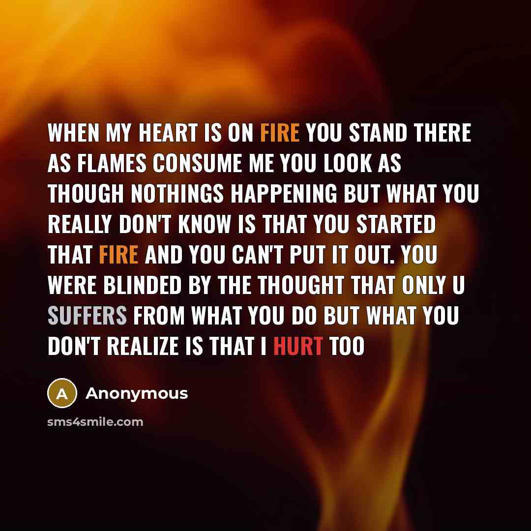 “When my heart is on fire you stand there as flames consume me you look as though nothings happening but what you really don't know is that you started that fire and you can't put it out. You were blinded by the thought that only u suffers from what you do but what you don't realize is that I hurt…” quote by Anonymous