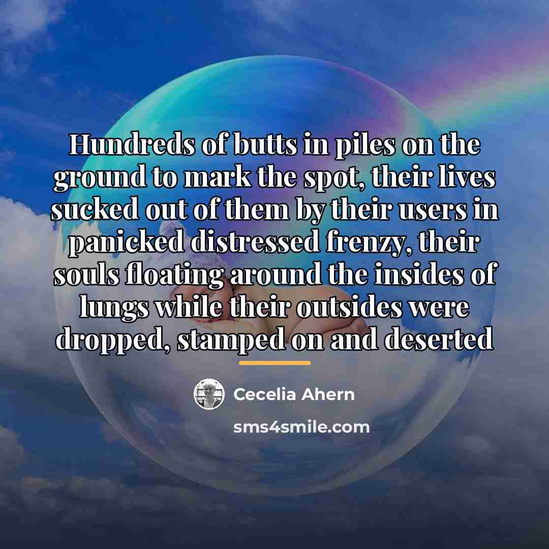 “Hundreds of butts in piles on the ground to mark…” quote by Cecelia Ahern