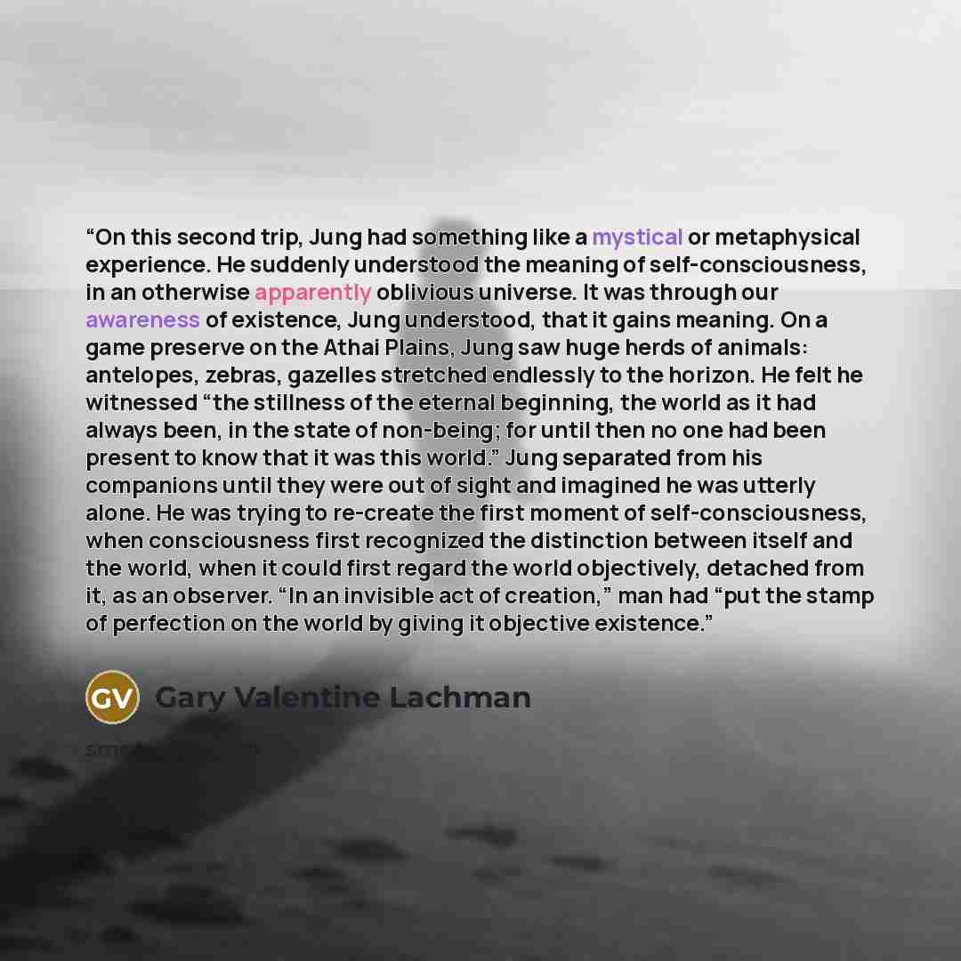 “On this second trip, Jung had something like a mystical or metaphysical experience. He suddenly understood the meaning of self-consciousness, in an otherwise apparently oblivious universe. It was through our awareness of existence, Jung understood, that it gains meaning. On a game preserve on the…” quote by Gary Valentine Lachman
