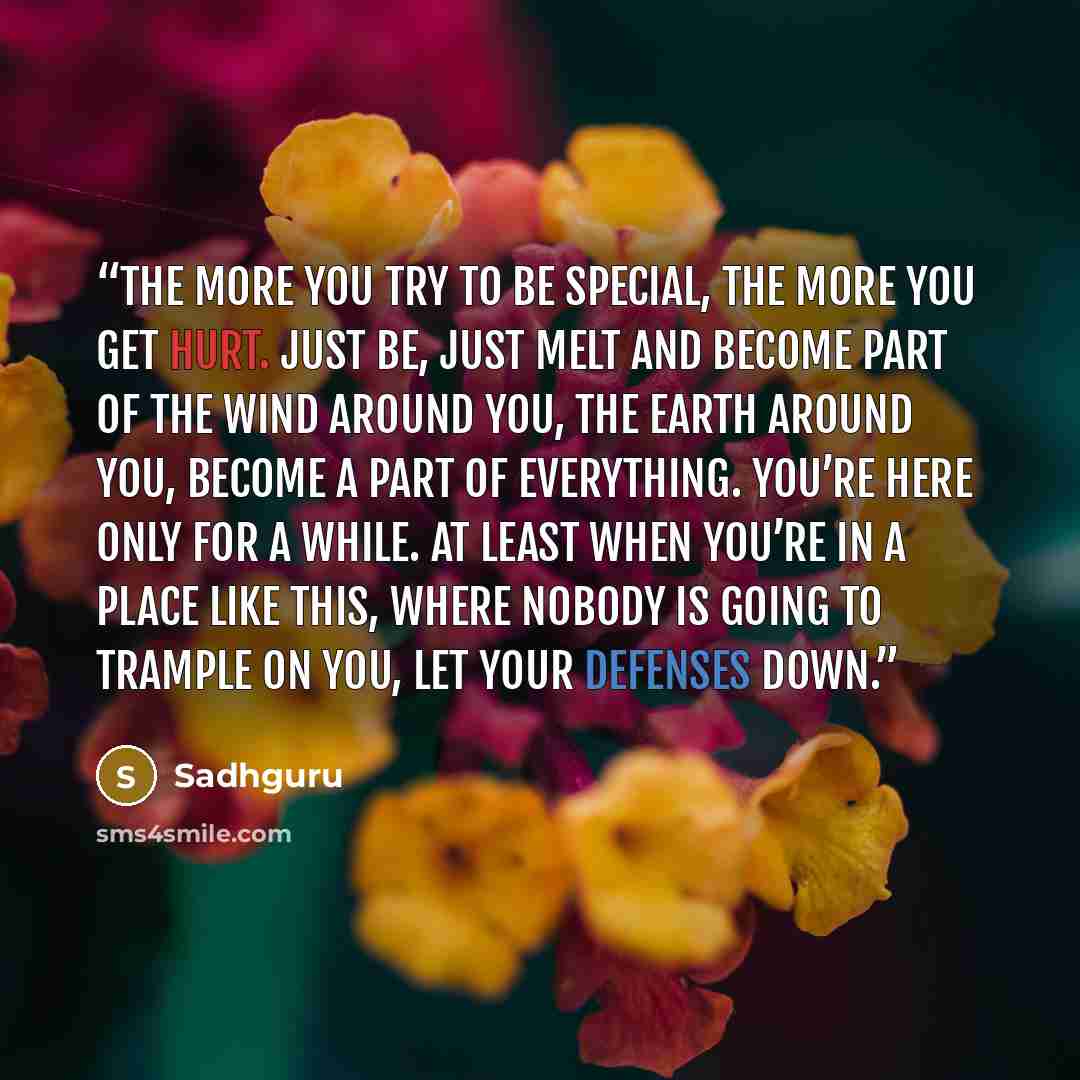 “The more you try to be special, the more you get hurt. Just be, just melt and become part of the wind around you, the earth around you, become a part of everything. You’re here only for a while. At least when you’re in a place like this, where nobody is going to trample on you, let your defenses…” quote by Sadhguru