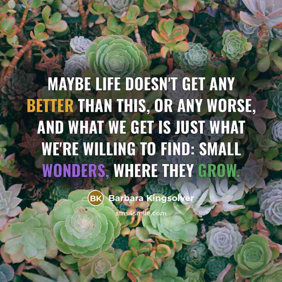 “Maybe life doesn't get any better than this, or any worse, and what we get is just what we're willing to find: small wonders, where they grow.” quote by Barbara Kingsolver