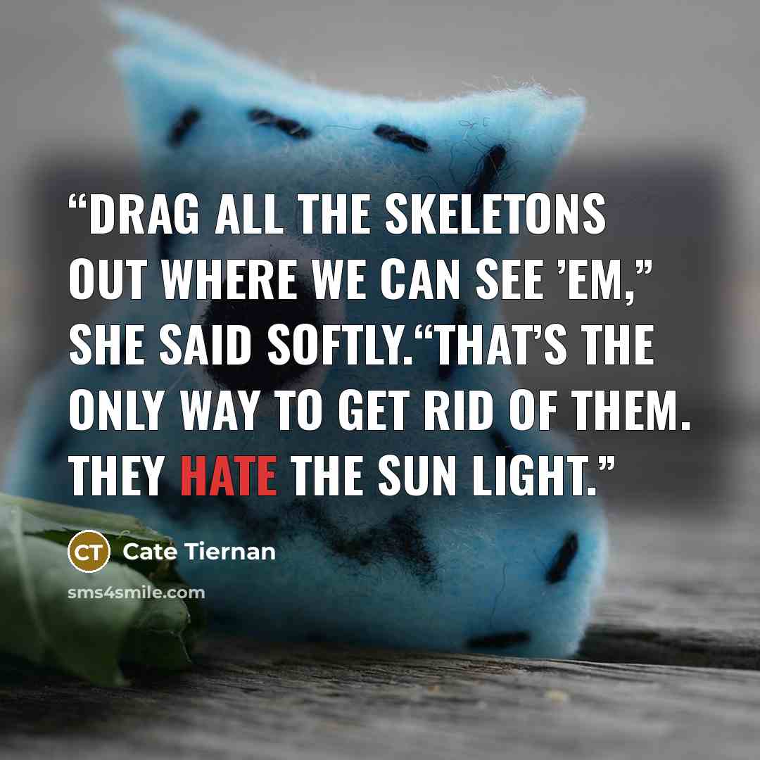 “Drag all the skeletons out where we can see ’em,” she said softly.“That’s the only way to get rid of them. They hate the sun light.” quote by Cate Tiernan